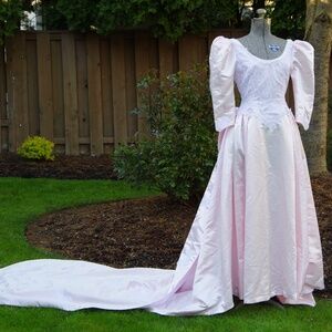 Vintage Pale Pink Wedding Dress with Lace Detailing, Long Train, Large Rear Bow